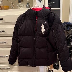 Boys Ralph Lauren Black Puffer Jacket with Red Accents. Tag says size14-16